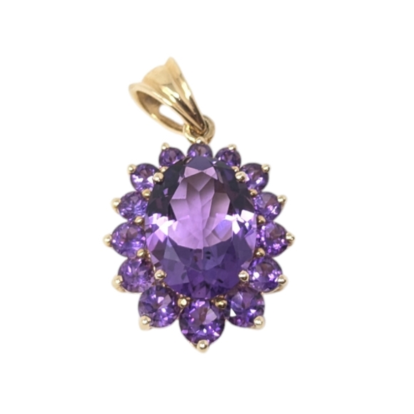 14kt Vintage Solid Yellow Gold Amethyst Oval Round Cluster Pendant - Picture 4 of 11